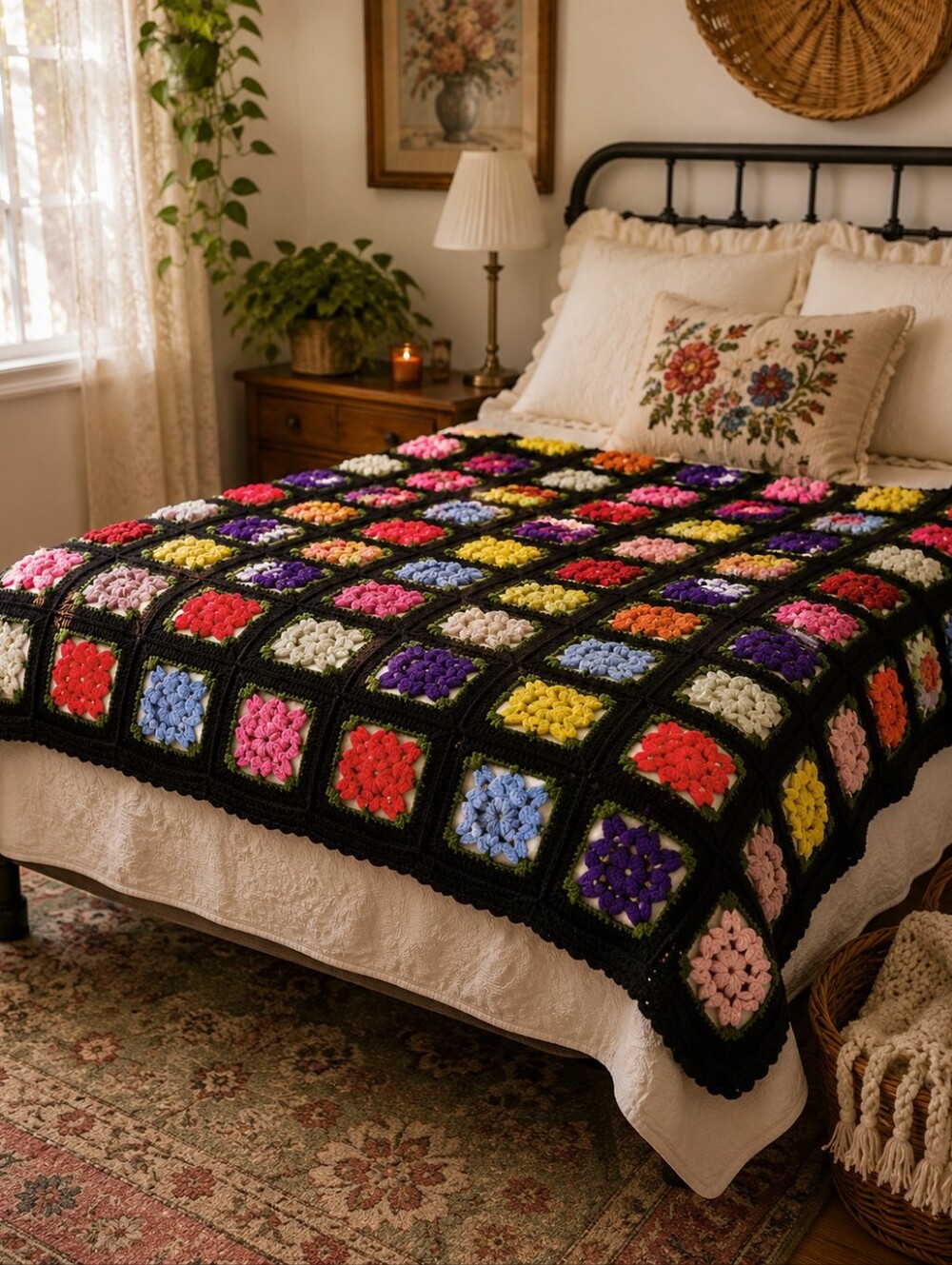 Vintage Handmade Crochet Flower Granny Square Afghan, large throw Blanket